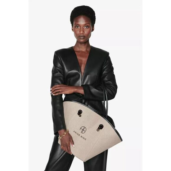 ANINE BING Taylin Linen Tote Bag Beige Brown Silver Hardware NEW - Picture 2 of 10